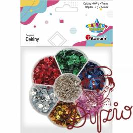 Cekiny okrągłe zestaw metaliczny 6 kol.x 4g + szpilki TITANUM 339502 Cekiny okrągłe zestaw metaliczny 6 kol.x 4g + szpilki TITANUM 339502
