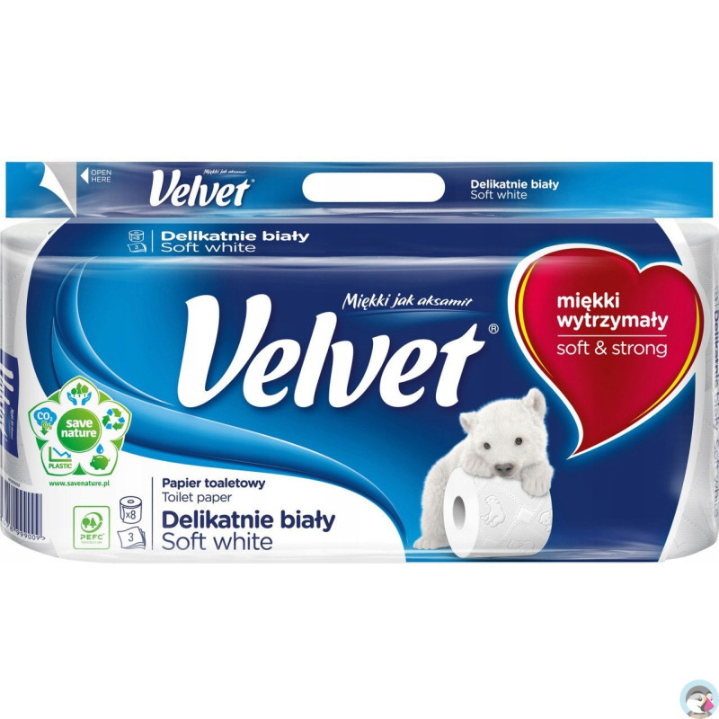 Papier toaletowy VELVET (8 rolek) 3 warstwy delikatnie biały