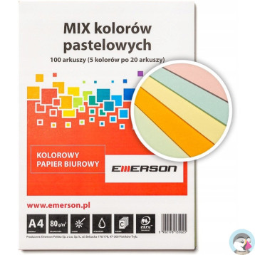 Papier ksero A4 80g mix pastel 100ark Kanarkowy, Różowy, Pomarańczowy, Jasny Niebieski, Jasny Zielony xem1000pwn EMERSON