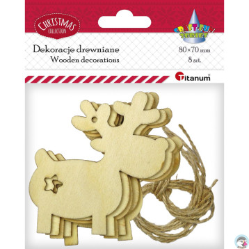Drewniane zawieszki renifery 80x85mm + sznurek jutowy 8szt. 487305 TITANUM