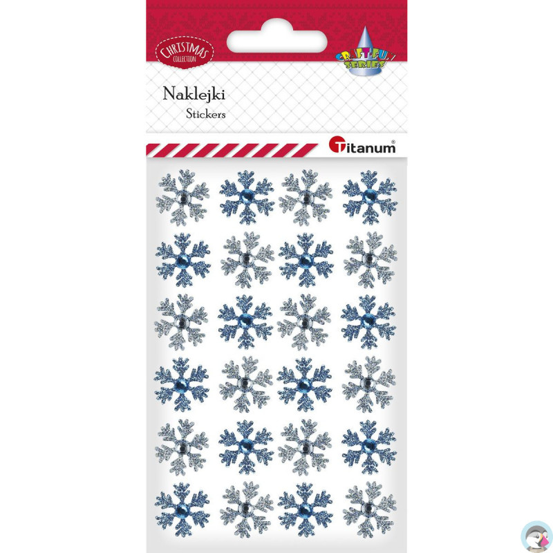 Naklejki płatki śniegu z kryształkiem 21mm białe, niebieskie 24szt. 414519 TITANUM