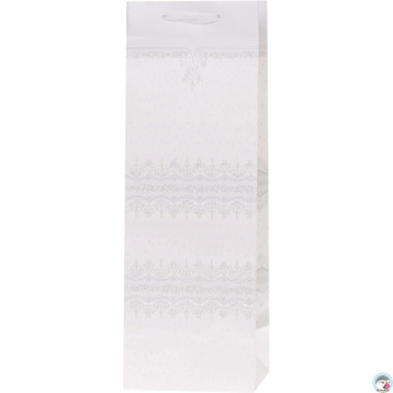 Torebka prezentowa 12x36x10cm na butelkę Lux Biała z brokatem BB ROZETTE