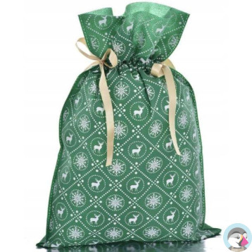 Worek upominkowy materiałowy zielony RENIFERY + PŁATKI ŚNIEGU 20x30cm PaKaDo
