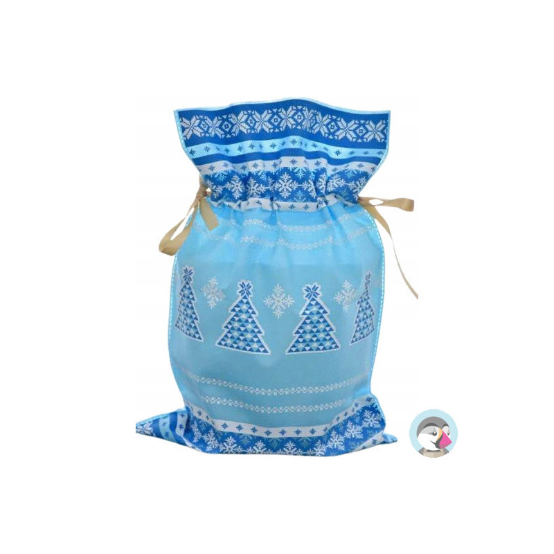 Worek upominkowy materiałowy jasno niebieski CHOINKA + PŁATKI ŚNIEGU 30x45cm PaKaDo