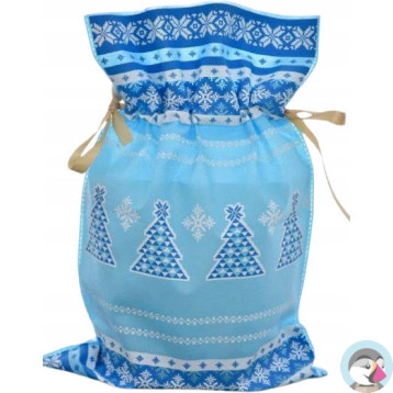 Worek upominkowy materiałowy jasno niebieski CHOINKA + PŁATKI ŚNIEGU 30x45cm PaKaDo