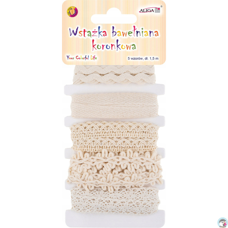 Wstążka bawełniana koronkowa 5 wzorów 1,5m WK-0925 ALIGA