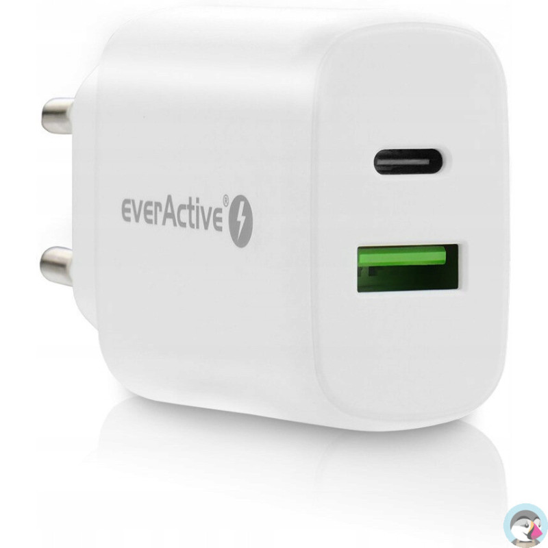 Ładowarka sieciowa 230V EVERACTIVE SC-370Q 1xUSB-C + 1xUSB 3A 25W biała