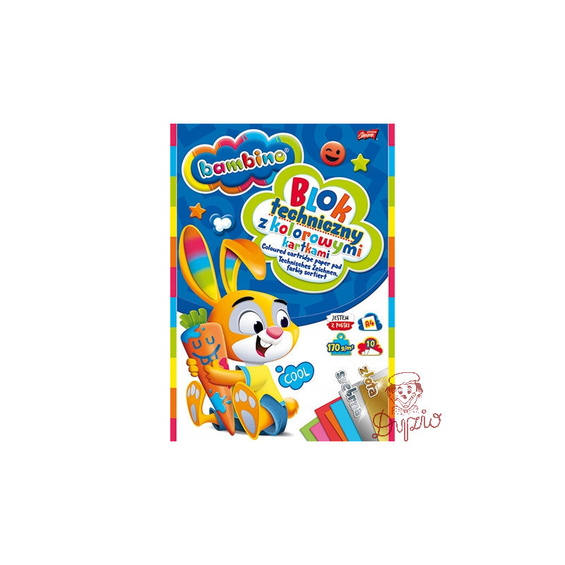 Blok techniczny szkolny A4 kolorowy + złota i srebrna kratka 10 kartek 170g BAMBINO