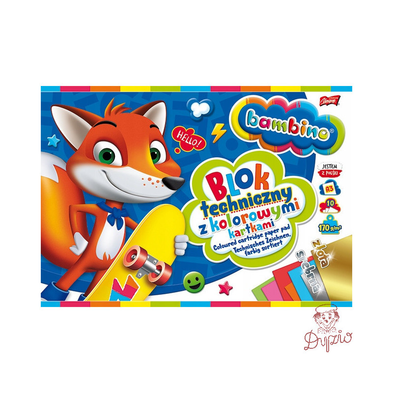 Blok techniczny szkolny A3 kolorowy + złota i srebrna kartka 10 kartek 170g BAMBINO