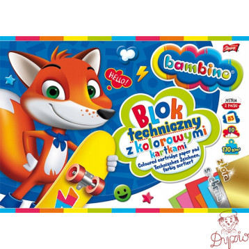 Blok techniczny szkolny A3 kolorowy + złota i srebrna kartka 10 kartek 170g BAMBINO