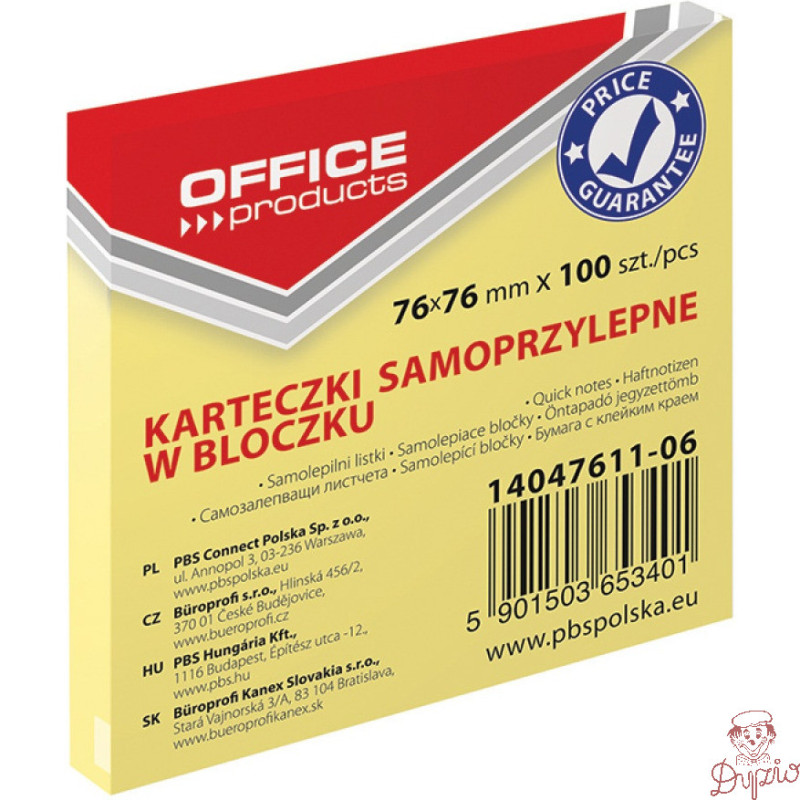 Bloczek samoprzylepny 76x76mm żółty OFFICE PRODUCTS 14047611-06