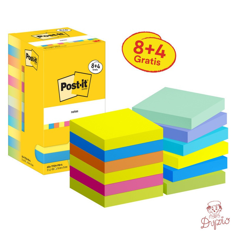 Bloczek samoprzylepny 76x76mm Energetic 8+4gratis 100kartek mix kolorów 3M