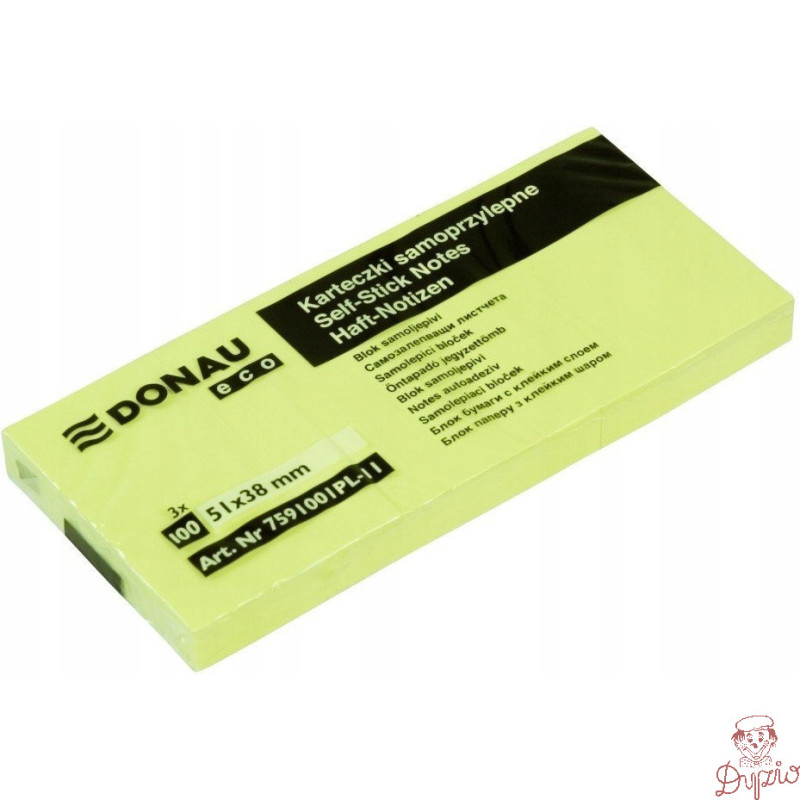 Bloczek samoprzylepny 51x38mm 100k żółty (3szt) DONAU ECO 7591001PL-11
