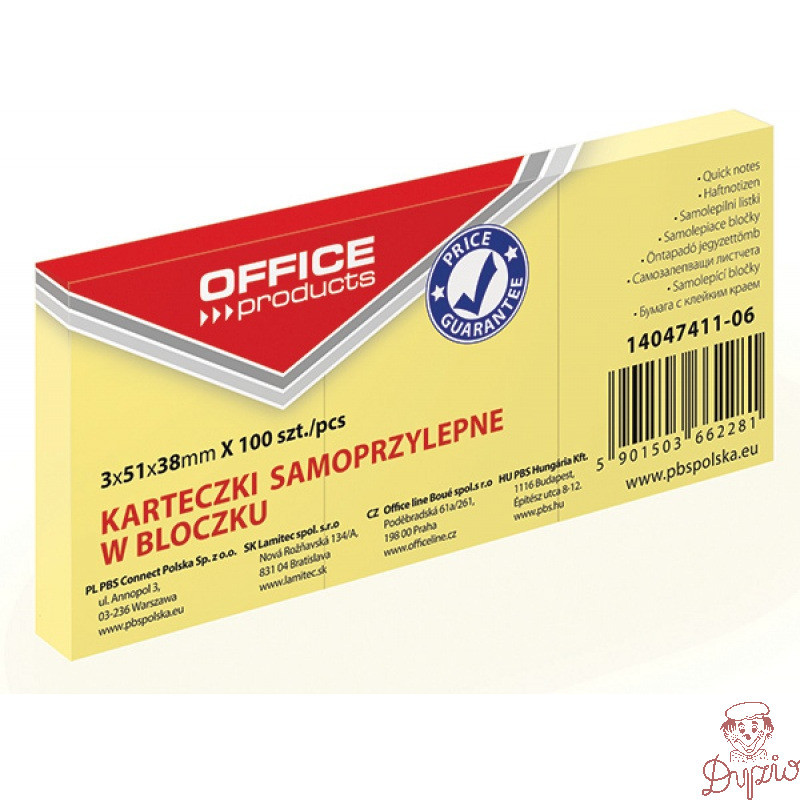 Bloczek samoprzylepny 38x51mm 100k pastel jasno żółty (3szt.) 14047411-06 OFFICE PRODUCTS