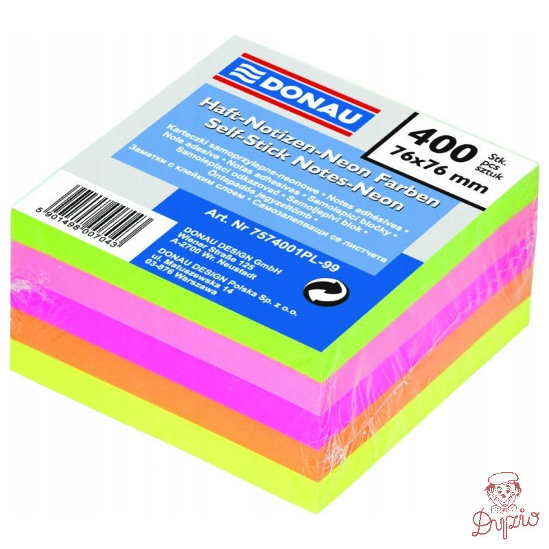 Bloczek samoprzylepny 76x76mm 400k neonowy 5 kolorów DONAU 7574001PL-99