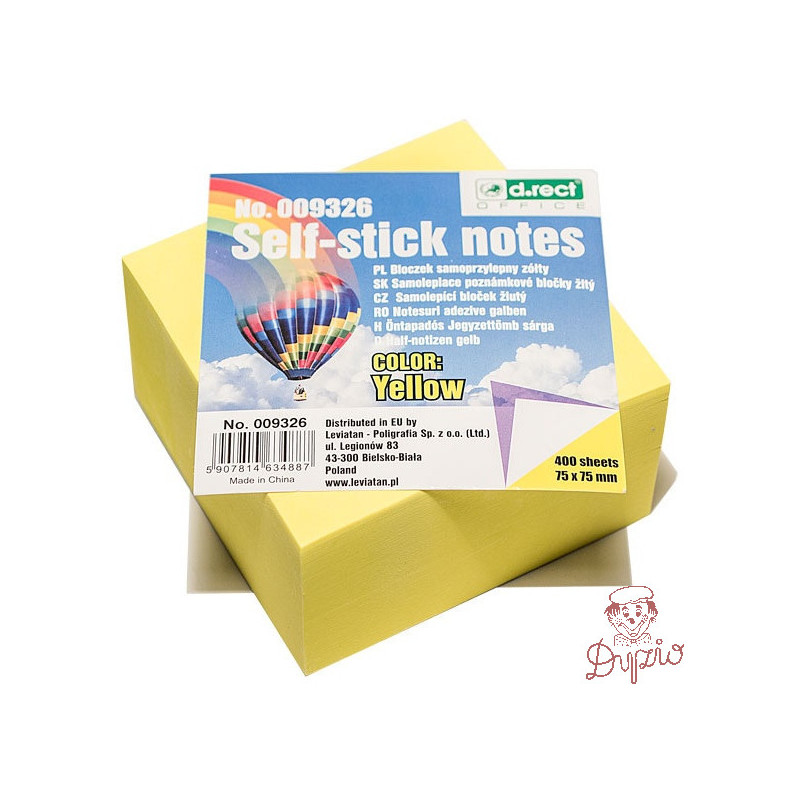Bloczek samoprzylepny 75x75mm 400k żółty D.RECT 009326 LEVIATAN