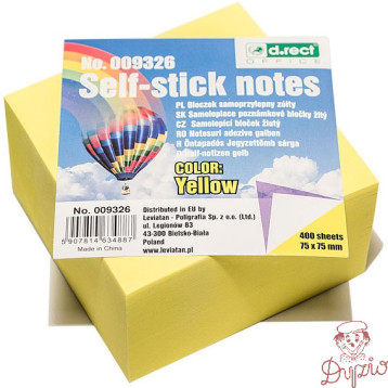 Bloczek samoprzylepny 75x75mm 400k żółty D.RECT 009326 LEVIATAN