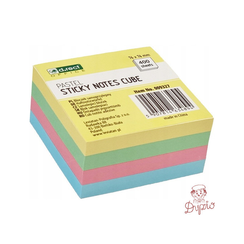 Bloczek samoprzylepny 75x75mm 400k pastelowy 009327 D.RECT
