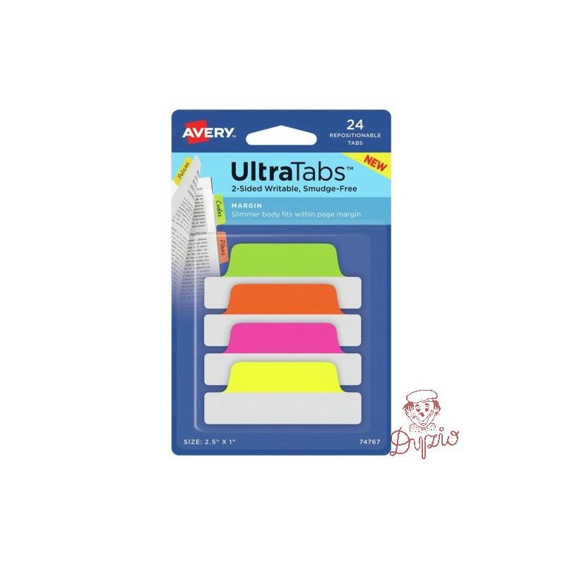 Zakładki indeksujące samoprzylepne 63,5x25,4mm przezroczyste z neonową zakładką Ultra Tabs 74767 AVERY ZWECKFORM