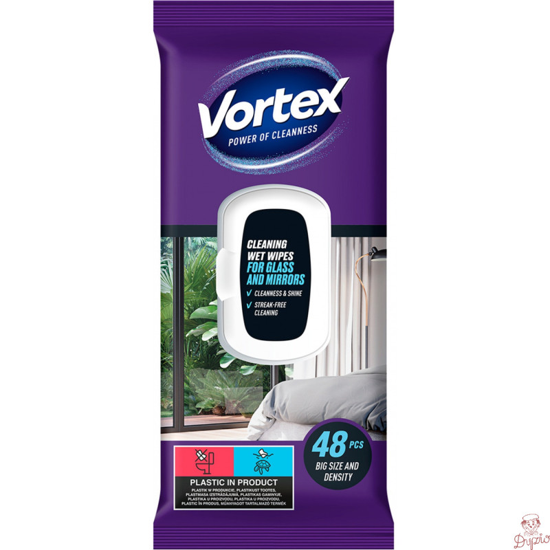 Chusteczki nawilżane VORTEX do szyb i luster z klapką 48 szt.