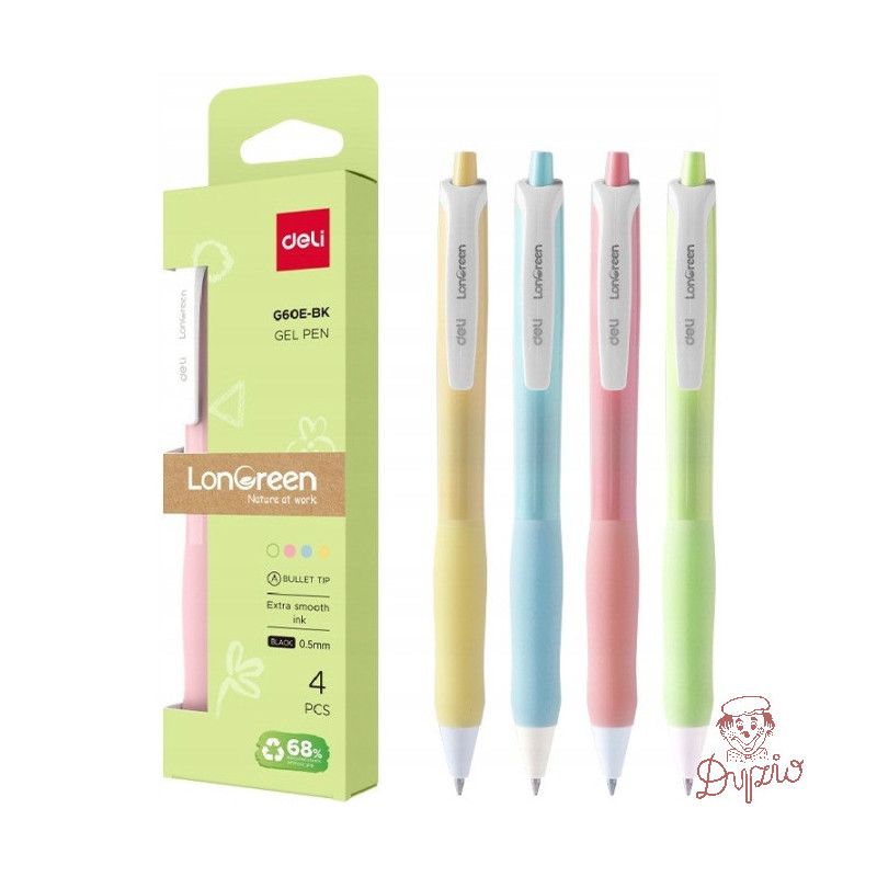 Długopis żelowy LonGreen , czarny wkład 4szt/op. mix kolorów EG60E-BK DELI