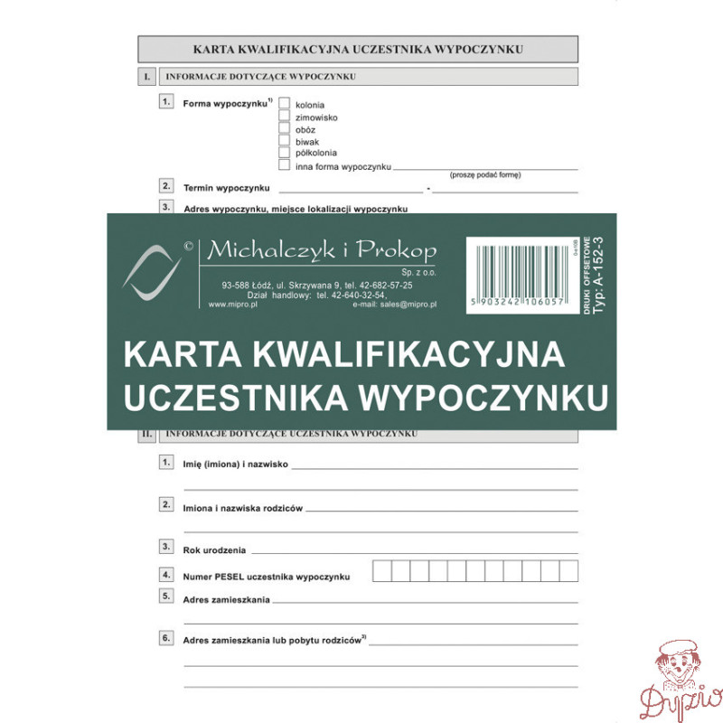 A-152-3 Karta kwalifikacyjna uczestnika wypoczynku A5 Michalczyk i Prokop