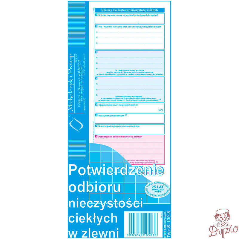 S-100-8 Potwierdzenie odbioru nieczystości ciekłych w zlewni MICHALCZYK I PROKOP