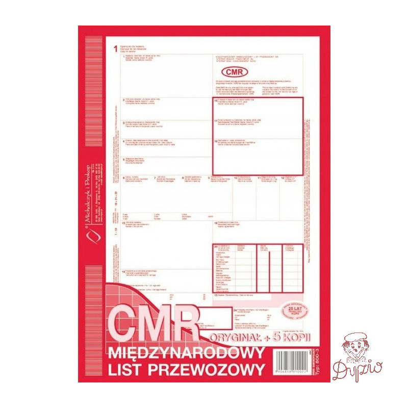 800-3N CMR A4 78kartek 1+5 numerowany międzynarodowy list przewozowy M&P