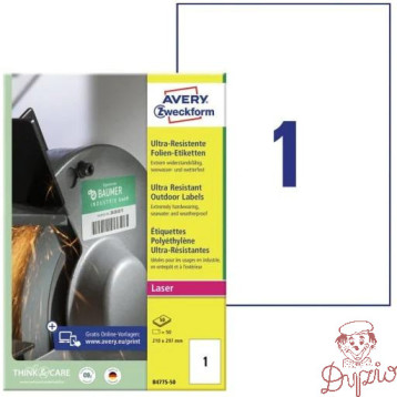 Etykiety A4 foliowe (50 arkuszy) 210x297mm ULTRA RESISTANT B4775-50 AVERY ZWECKFORM