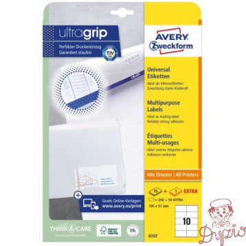 Etykiety białe ULTRAGRIP 105x57mm (25 arkuszy||250 etykiet) 6137 AVERY ZWECKFORM