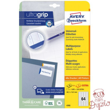 Etykiety białe ULTRA GRIP 48,5x16,9mm (25arkuszy || 1600 atykiet) 4785 AVERY ZWECKFORM