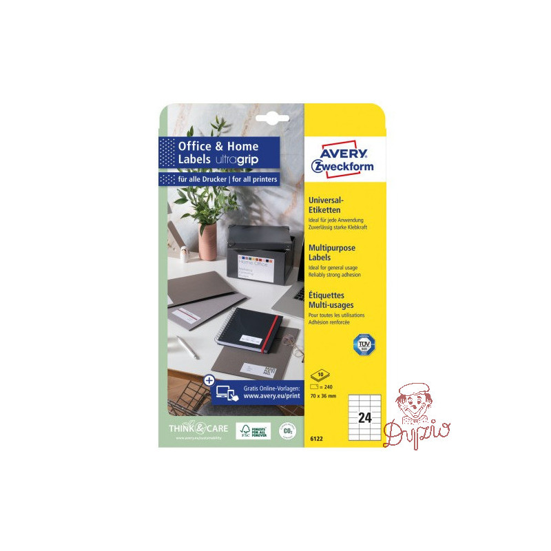 Etykiety białe ULTRAGRIP 70x36mm (10 arkuszy || 240 etykiet) 6122 AVERY ZWECKFORM