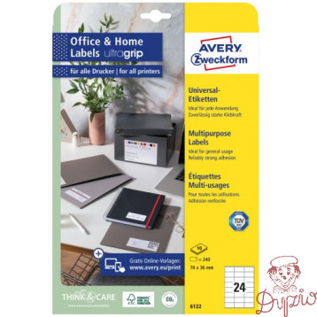 Etykiety białe ULTRAGRIP 70x36mm (10 arkuszy || 240 etykiet) 6122 AVERY ZWECKFORM