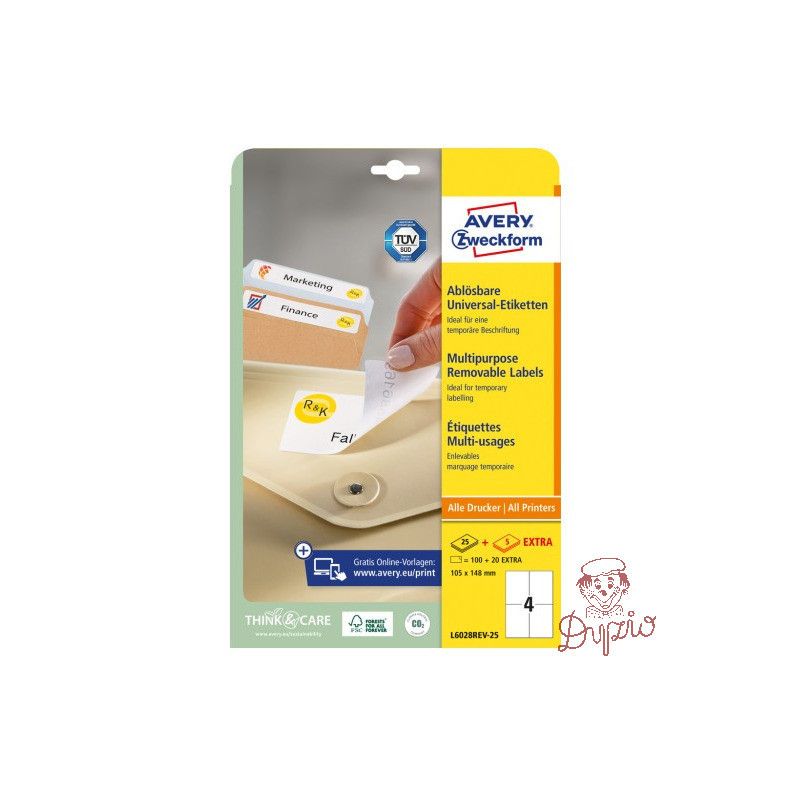 Etykiety białe 105x148mm (25 arkuszy || 100 etykiet) usuwalne L6028REV-25 AVERY ZWECKFORM