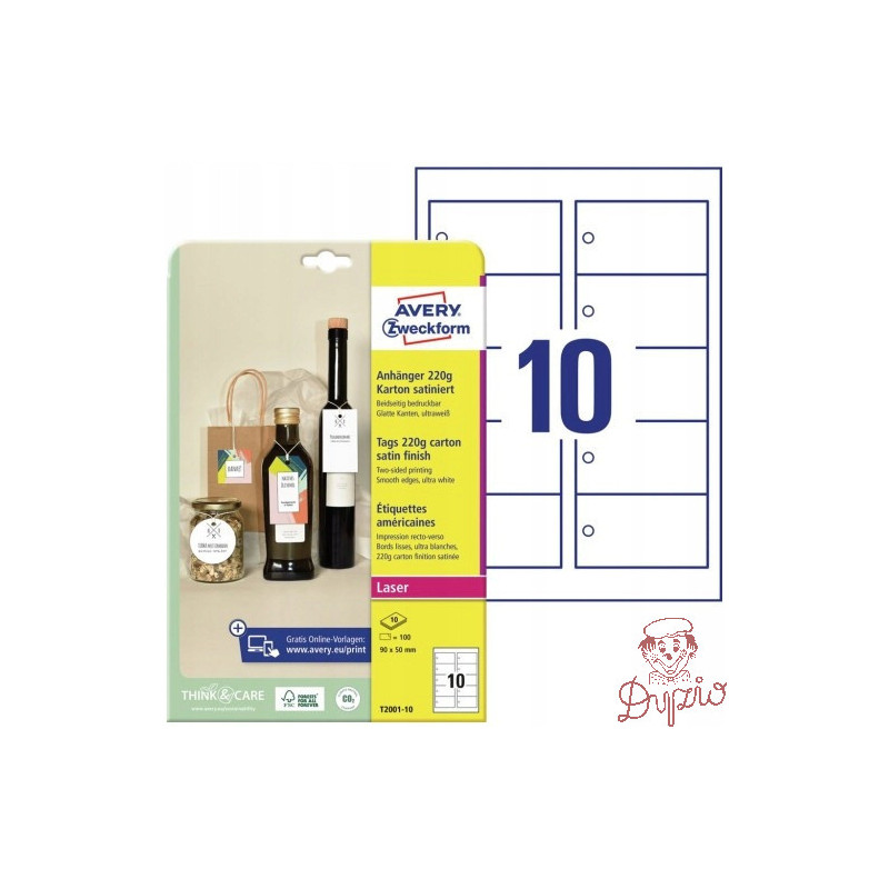 Zawieszki kartonowe (10 arkuszy) 90x50mm prostokątne Quick&Clean T2001-10 AVERY ZWECKFORM