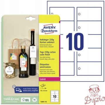 Zawieszki kartonowe (10 arkuszy) 90x50mm prostokątne Quick&Clean T2001-10 AVERY ZWECKFORM