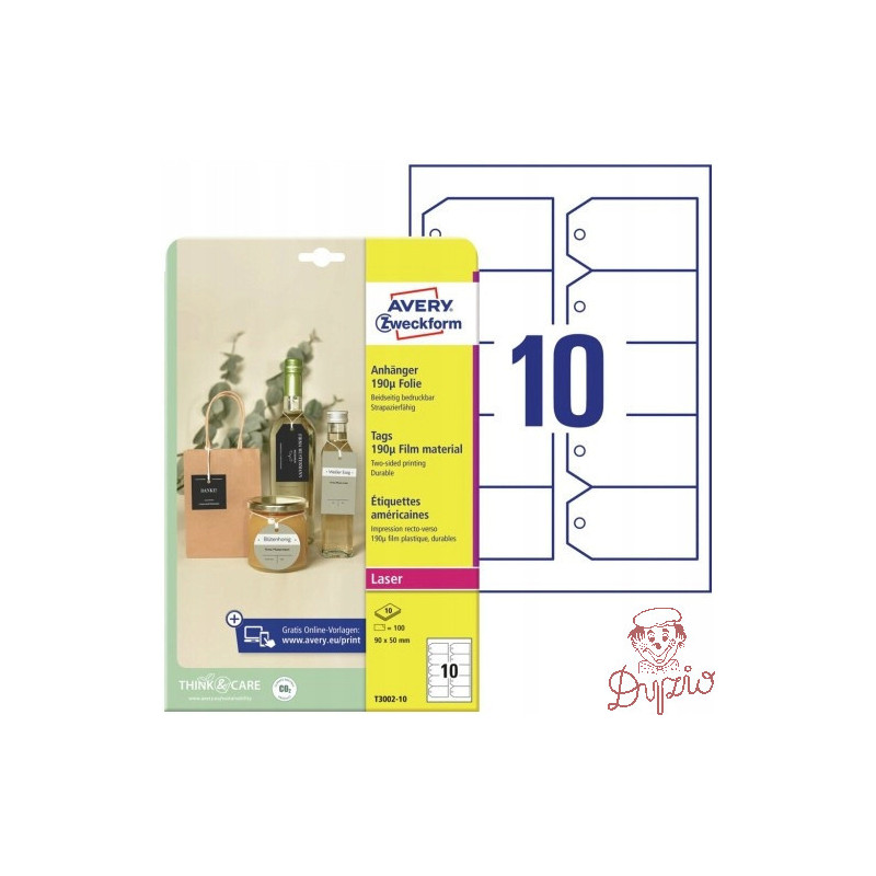 Zawieszki foliowe (10 arkuszy) 90x50mm ścięte narożniki Quick&Clean T3002-10 AVERY ZWECKFORM
