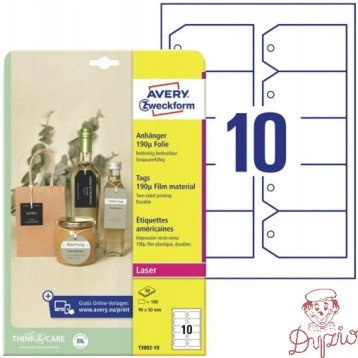 Zawieszki foliowe (10 arkuszy) 90x50mm ścięte narożniki Quick&Clean T3002-10 AVERY ZWECKFORM