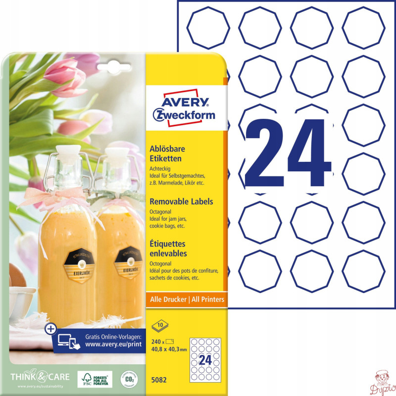 Usuwalne etykiety na przetwory A4 10 ark. 40,8 x 40,3 mm ośmiokątne białe 5082 AVERY ZWECKFORM