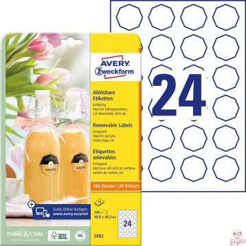 Usuwalne etykiety na przetwory A4 10 ark. 40,8 x 40,3 mm ośmiokątne białe 5082 AVERY ZWECKFORM