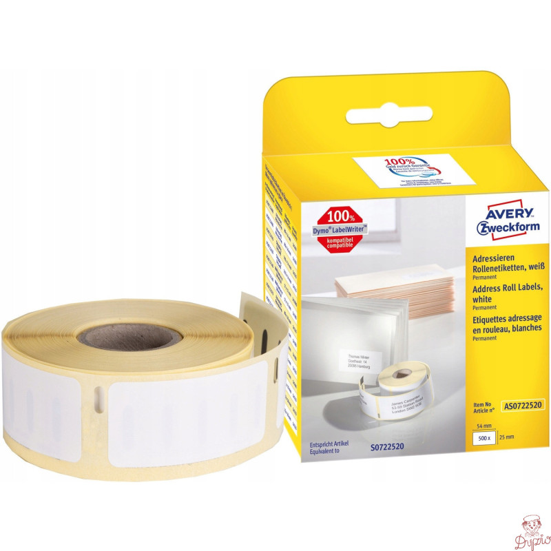 Etykiety adresowe w rolce 500 etyk. 25 x 54 mm, trwałe, białe AS0722520 Avery Zweckform