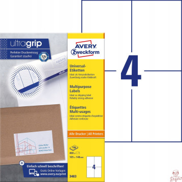 Etykiety A4 białe(100 arkuszy) 105x148mm ULTRAGRIP 3483 AVERY ZWECKFORM
