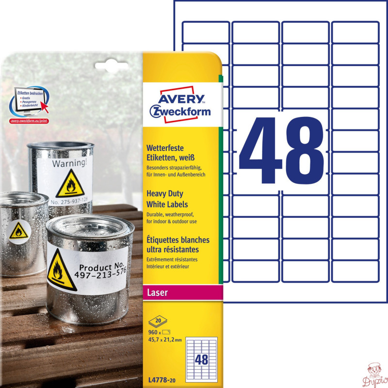 Etykiety poliester 45,7x21,2mm (20 arkuszy || 960 etykiet) L4778-20 AVERY ZWECKFORM