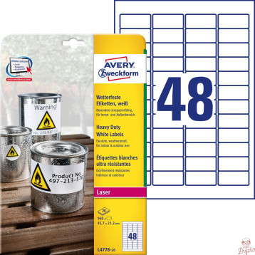 Etykiety poliester 45,7x21,2mm (20 arkuszy || 960 etykiet) L4778-20 AVERY ZWECKFORM