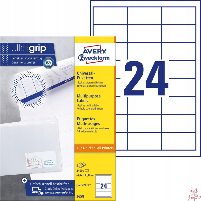 Etykiety A4 białe(100arkuszy)64.6x33,8mm 3658 AVERY ZWECKFORM