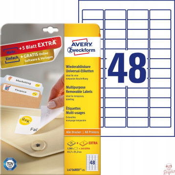 Etykiety A4 białe (25arkuszy)45.7x21.2mm L4736REV-25 AVERY ZWECKFORM