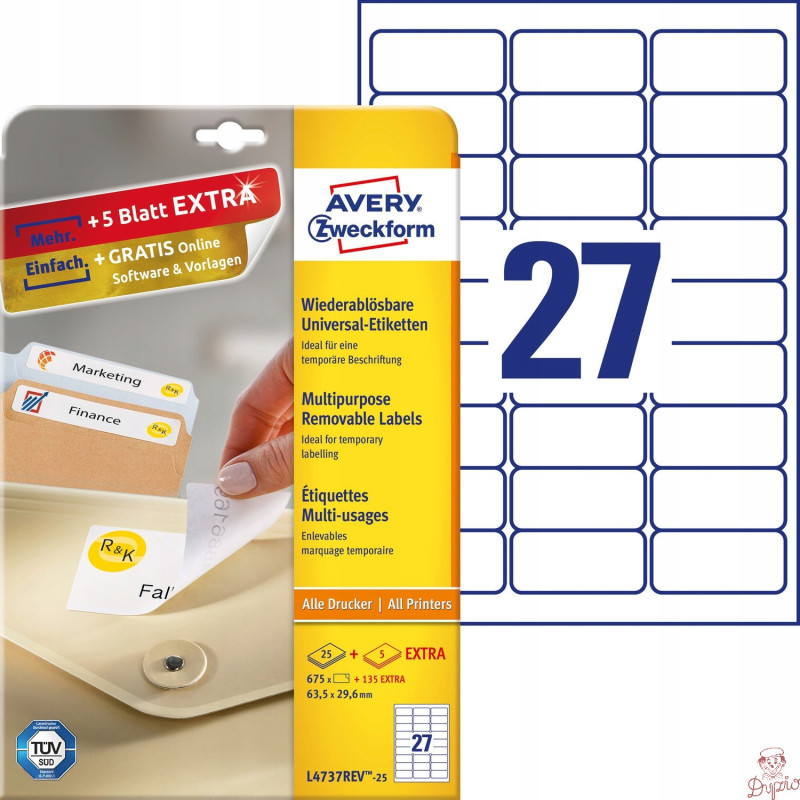 Etykiety A4 białe (25 arkuszy) 63,5 29,6mm L4737REV-25 AVERY ZWECKFORM