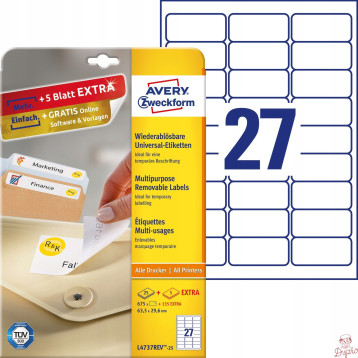 Etykiety A4 białe (25 arkuszy) 63,5 29,6mm L4737REV-25 AVERY ZWECKFORM