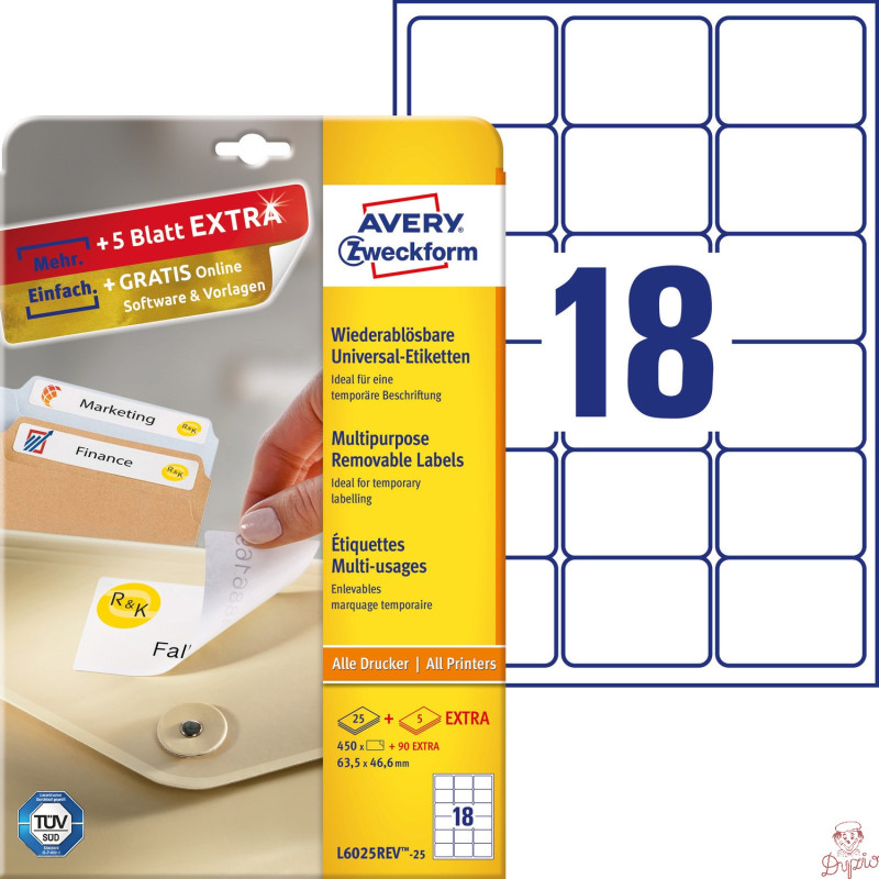 Etykiety białe 63,5x46,6mm (25 arkuszy || 540 etykiet) usuwalne L6025REV-25 AVERY ZWECKFORM