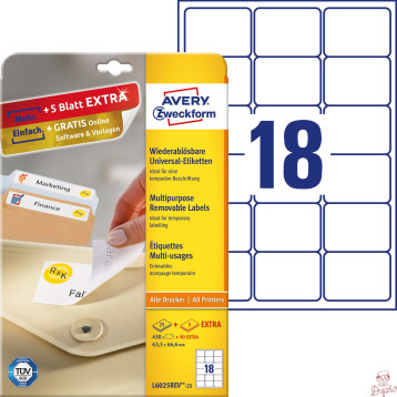 Etykiety białe 63,5x46,6mm (25 arkuszy || 540 etykiet) usuwalne L6025REV-25 AVERY ZWECKFORM